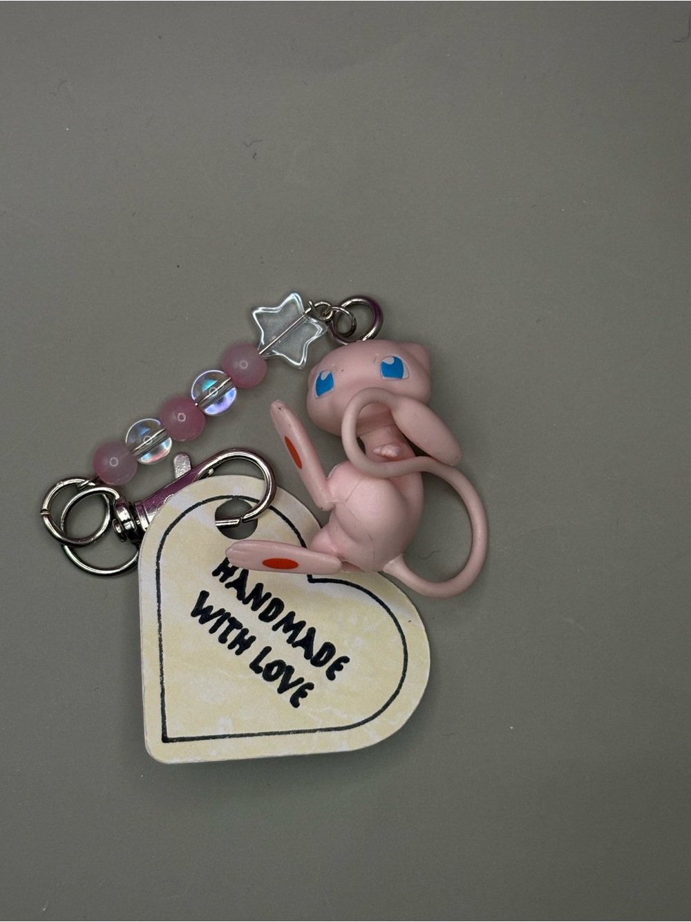 Pink Mew Keychain Charm with Bead Accent